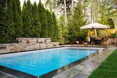 an outdoor swimming pool surrounded by greenery and stone walls with a patio umbrella over it