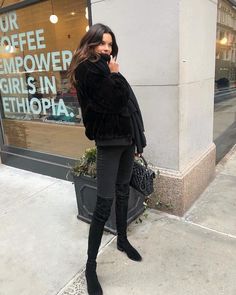 French Girl Winter Style, French Winter Style, Black Over The Knee Boots Outfit, Over The Knee Boots Outfit, Black Over The Knee Boots, Black Look