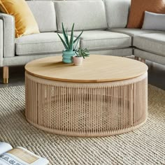 a wicker coffee table with a potted succulent on top in front of a couch