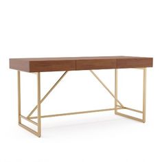 a wooden desk with gold metal legs and a brown table top, against a white background