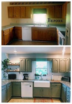 before and after pictures of a kitchen remodel with new cabinets, counter tops, sink, dishwasher, microwave