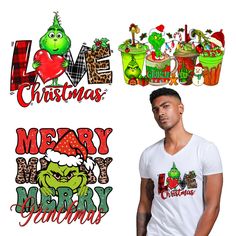 a man standing in front of two christmas t - shirts