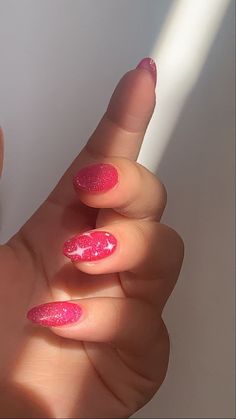 Minimalist Natural Nails Sparkly Pink Nails Design, Short Almond Nails Pink Glitter, Hot Pink Sparkle Nails Acrylic, Glittery Hot Pink Nails, Hot Pink Prom Nails Almond, Sparkly Nails Summer, Hot Pink Glitter Nails Short, Glitter Hot Pink Nails, Barbie Pink Nails With Design Glitter