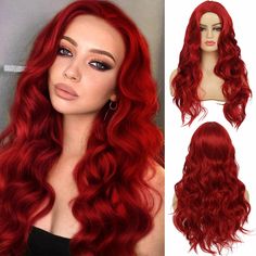 PRICES MAY VARY. Quality: The long curly red wigs are all made of heat-resistant synthetic fibers, with a natural look and soft touch, perfect for long-term use. Natural Looking : Red color, looks real, nature, very pretty, bring you more beautiful and sexy. Average Wig Cap : Our wig has an adjustable and breathable rose net which allows superior ventilation for maximum scalp cooling, you can adjust the hook inside the cap to the correct size to suit your head. Occasions : Great for theme party, Warm Red Hair, Trim Bangs, Red Orange Hair, Wig Middle Part, Red Hair Looks, Good Quality Wigs, Red Wig, Real Nature, Streetwear Chic