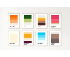 six different shades of orange, red, green, yellow and brown are arranged on a white wall