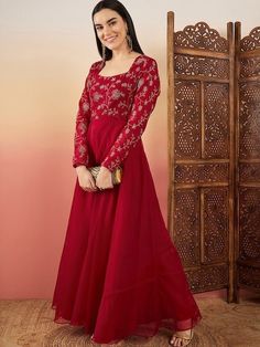 Red Floral Embroidered Flared Maxi Ethnic Dresses – Inddus.com Ethnic Dresses, Ethnic Dress, The Square, Embroidered Design, Elegant Dress, Red Floral, Square Neck, Dresses Online, Dress To Impress