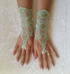 Green Fairytale Accessories, White Gloves Wedding, Sage Green Gloves, Wedding Gown Unique, Green Lace Gloves, Lacy Gloves, Long White Lace Gloves, Bride Gloves