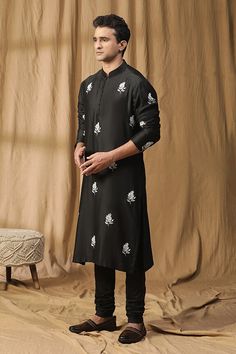 Black chanderi silk kurta with floral embroidered motifs. Paired with a black lycra churidar. - Aza Fashions Kurta Patterns, Embroidered Motifs, Silk Kurta, Band Collar, Churidar, Embroidered Silk, Aza Fashion, Types Of Sleeves, For Men