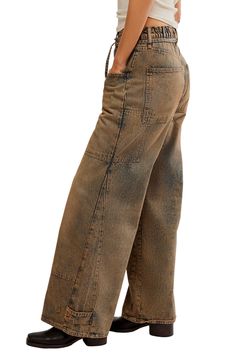 Chic fading and nonstretch denim give an authentic feel to these cargo jeans featuring plenty of pockets for your on-the-go essentials. 30 1/2" inseam; 27" leg opening; 12 1/2" front rise; 15" back rise (size Medium) Zip fly with button closure Five-pocket style 100% cotton Machine wash, dry flat Made in Turkey Wide Leg Cargo Jeans, Cargo Jeans, Washed Jeans, Retro Outfits, Cool Outfits, Wide Leg, Free People, Nordstrom, Size Medium