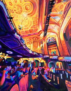 an oil painting of people in a train station at night with bright lights on the ceiling