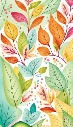 colorful leaves and dots on a white background