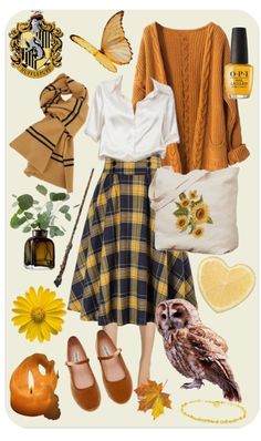 Hufflepuff Summer Outfit, Bright Academia Aesthetic Outfit, Bright Academia Outfit, Librarian Style Outfits, Harry Potter Core Outfits, Librarian Core Outfit, Cottagecore Work Outfit, Warm Color Outfits