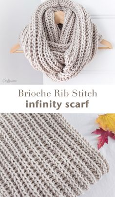 a knitted scarf is shown with text that reads, brooche rib stitch infinity scarf