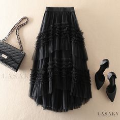 Lasaky - Exquisite Victorian-inspired Romantic Tulle Cake Asymmetrical Skirt Black Tulle Skirt Outfit, Asymmetrical Midi Skirt, Skirt Tulle, Victoria Fashion, Tulle Maxi Skirt, Sweet Cake, Pleated Shirt, Ruffles Fashion, Y2k Aesthetic Outfits