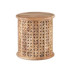 a wooden stool with an intricate design on the top and bottom, sitting against a white background