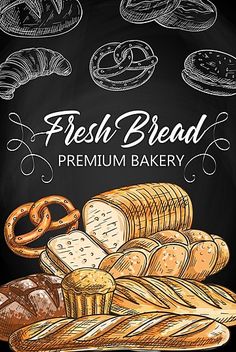 a chalkboard drawing of bread and pretzels on a blackboard with the words fresh bread