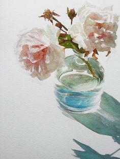 a watercolor painting of flowers in a glass vase on a white background with shadow