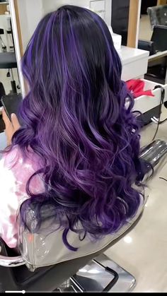 Dark Purple Hair With Light Purple Highlights, Purple Hair With Light Purple Highlights, Purple Hair Shadow Root, Monster High Purple Hair, Brown Purple Hair Color, Full Color Hair Ideas, Purple Hair With Black Highlights, Purple And Dark Brown Hair, Purple Calico Hair