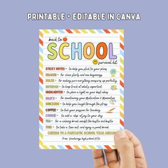 a hand holding up a school notebook with the words, printable editable in canva