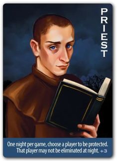 an image of a man holding a book with the words priest on it in front of him