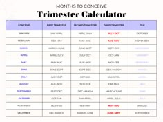 a table with the dates and times for months to come in each month, including