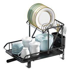 a dish rack with plates and cups in it