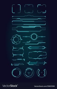 a set of futuristic technology elements in blue and green colors on a dark background with space for