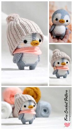 crocheted penguin with hat and scarf in four different pictures, including the same one