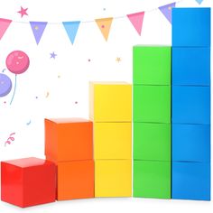 colorful blocks with balloons and streamers in the background