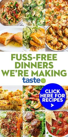 a poster with different types of food and the words fuss - free dinners we're making