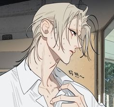 an anime character with white hair is looking at his cell phone while wearing a white shirt