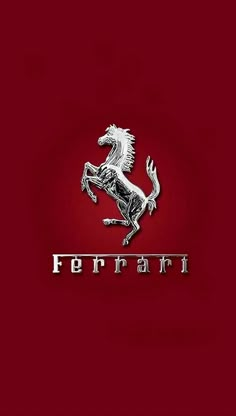 ferrari logo on a red background with the word ferrari written in silver and black letters