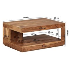 a wooden coffee table with measurements for the top and bottom section, including one shelf