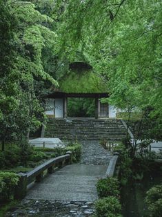 a stone path leading to a small pavilion in the woods with steps and trees surrounding it