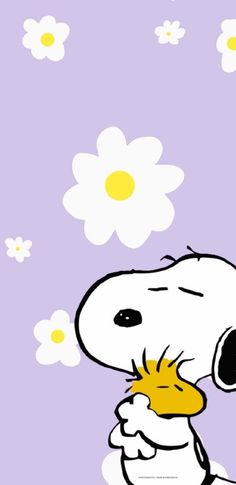 a cartoon character holding a small bird in his hand with daisies on the background