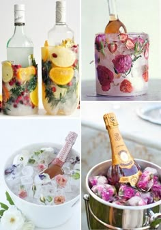 there are four different pictures with flowers and drinks in the same photo, one has an ice bucket