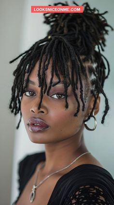 Transform your thin locs into an elegant updo that exudes sophistication and style. Begin by gently twisting your locs into a high bun at the crown of your head. Secure the bun loosely to maintain a soft, voluminous look that doesn't stress your roots. Accentuate the hairstyle with decorative hair pins or a silk scarf wrapped around the base of the bun, adding a touch of color and personal flair. Loc Styles For Thinning Edges, Loc Short Hairstyles, How To Style Dreadlocks For Women, Small Locs Starter, Sisterlocs Hairstyles For Women, Loc Styles Short Hair, Shoulder Length Locs Hairstyles, Locs On Fine Hair, Braided Loc Updo