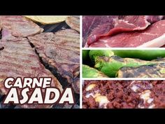 several different types of meats and vegetables on a grill with the words carne asada above them