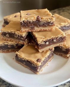 a white plate topped with chocolate and peanut butter bars