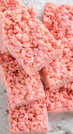 pink rice krispy treats stacked on top of each other