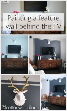 four different pictures with the words painting a feature wall behind the tv in white and gold