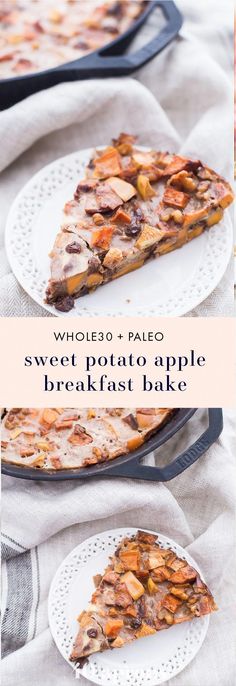 a slice of sweet potato apple breakfast bake on a plate with the rest of the pie in the background