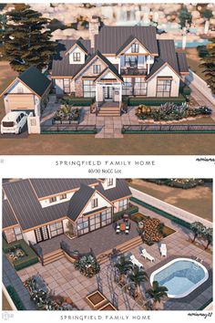 two renderings of the front and back sides of a house with an outdoor swimming pool