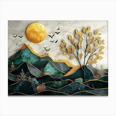 a painting with birds flying over mountains and trees in the foreground, under a full moon