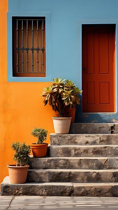 two potted plants sit on the steps in front of an orange and blue building