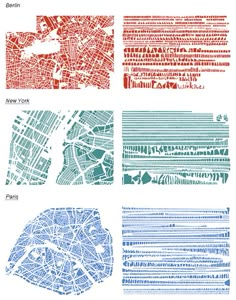 four different types of city maps in blue and green, each with an image of the same