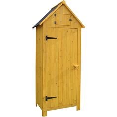 a small wooden storage shed with the door open