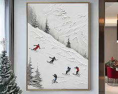 a painting of skiers skiing down a snowy mountain