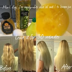 Mix 1 egg, 2 ts honey, 2 ts olive oil and 1 ts off lemon jus. Leave it for 30 minutes. And then you will have super silky soft hair. #hairmask #hair-trick #lifehack #hair #soft #norway #blond #eggmask #oilmask #honeymask Lighten Hair Naturally, Hair Nutrients, Hair Mask For Growth, How To Lighten Hair, Homemade Hair Products, Diy Hair Mask, Healthy Hair Tips, Hair Remedies, Beauty Skin Care Routine