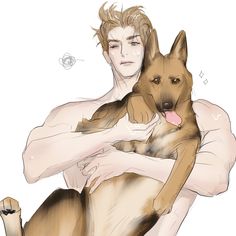 a drawing of a man holding a dog with his arms wrapped around him and looking at the camera